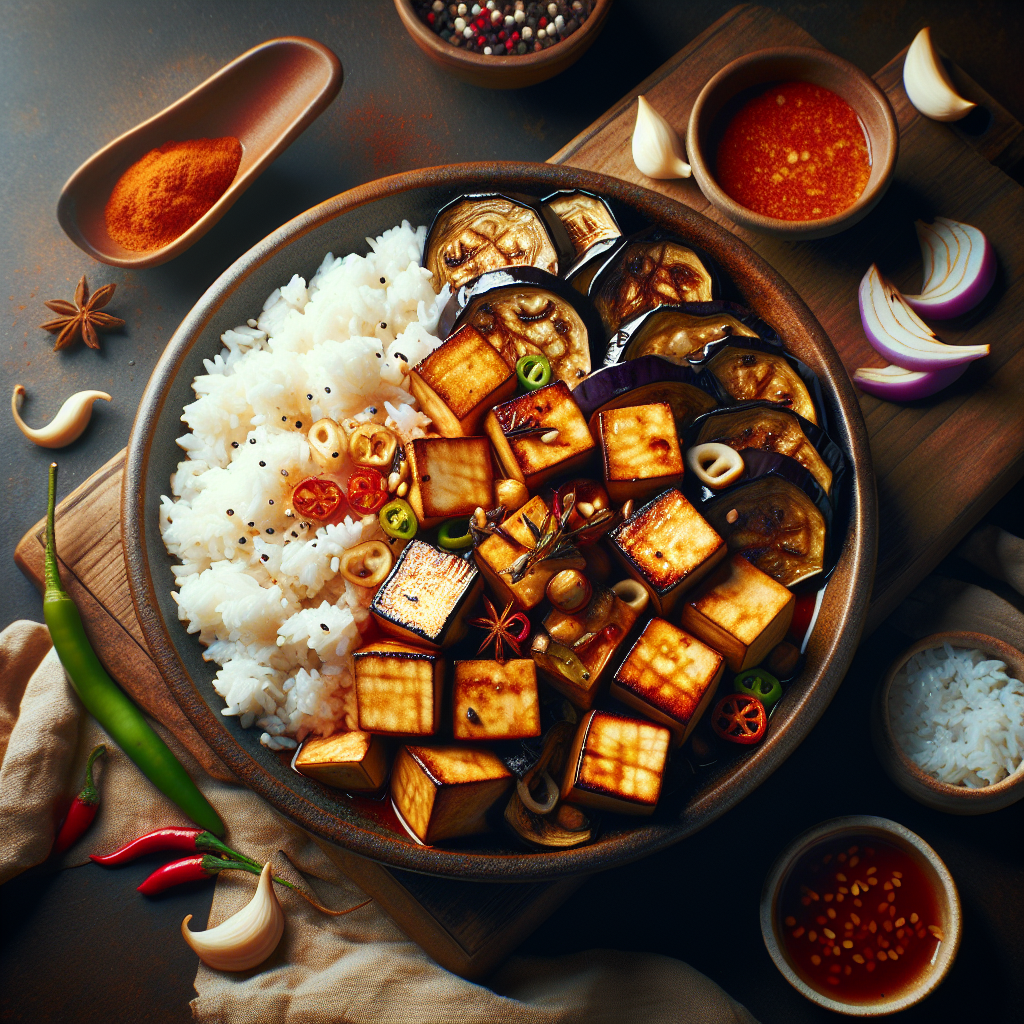 Spicy Tamarind Tofu with Roasted Eggplant and Fragrant Jasmine Rice