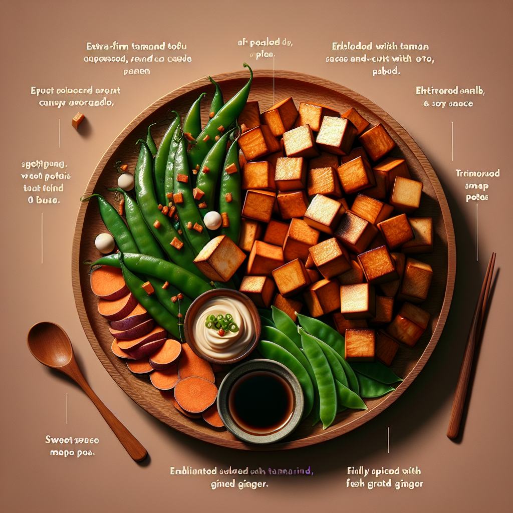Sticky Tamarind-Ginger Tofu with Roasted Sweet Potatoes and Snap Peas