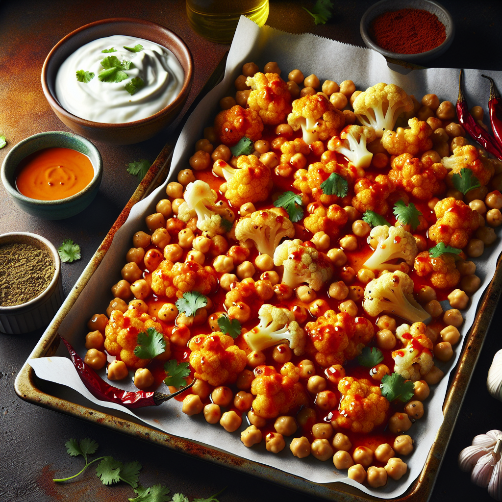 Sweet Chili Chickpea & Roasted Cauliflower Sheet Pan with Cilantro Yogurt