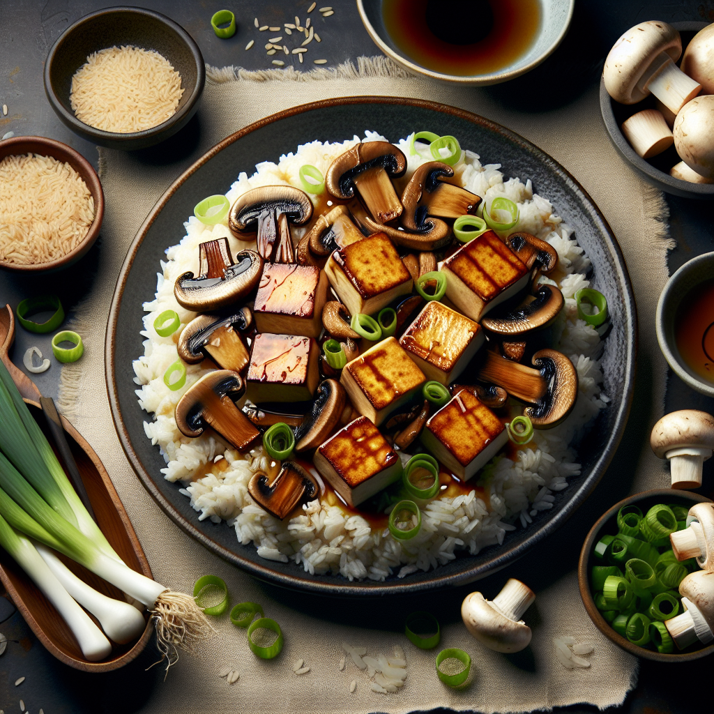 Sweet Soy-Glazed Tofu with Roasted Mushrooms and Scallion Rice