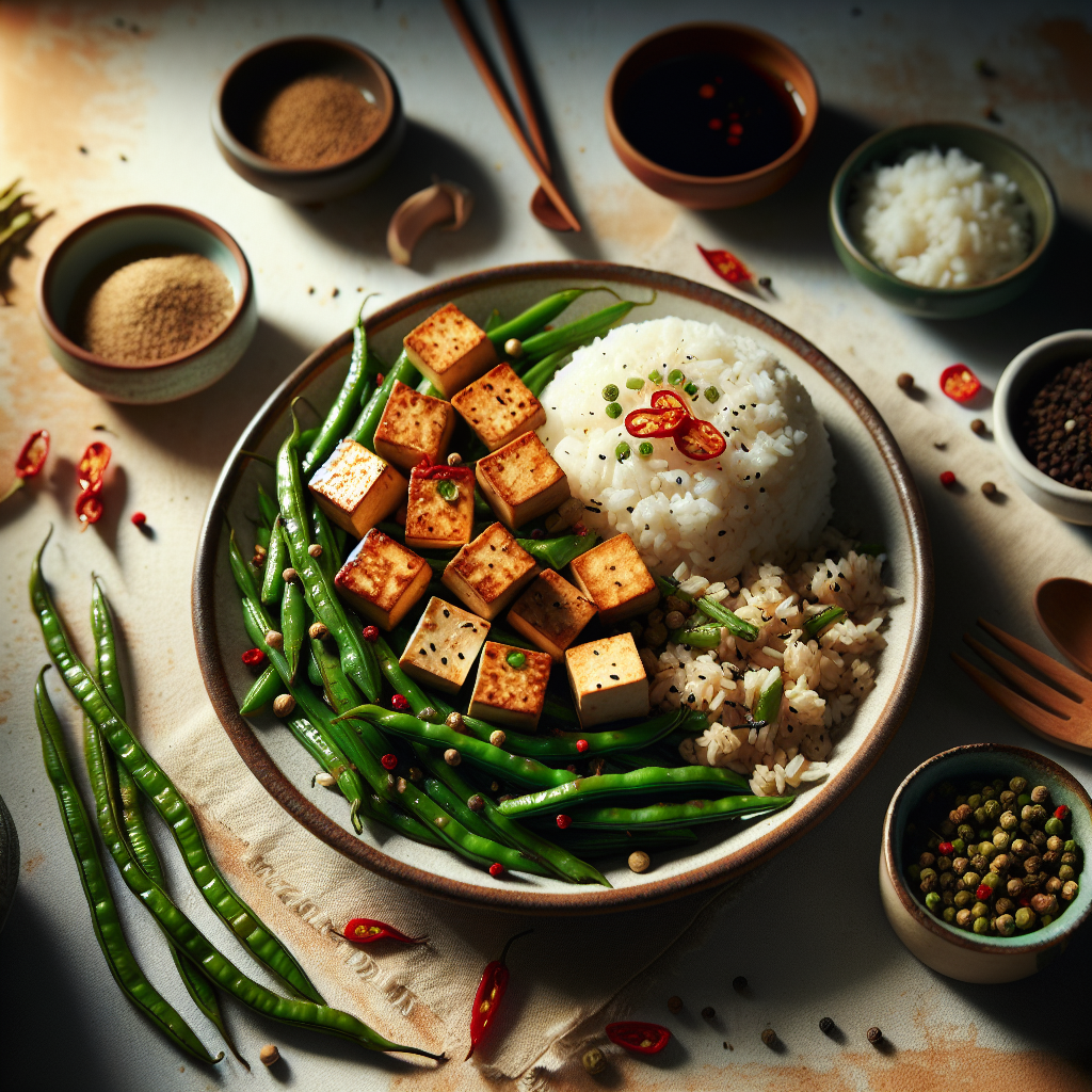 Szechuan Peppercorn Tofu with Stir-Fried Green Beans and Jasmine Rice