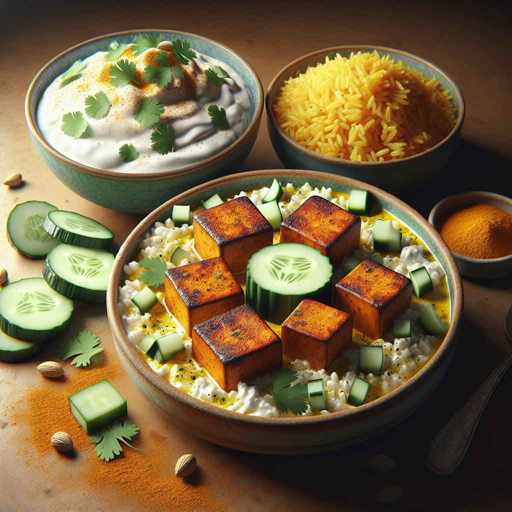 Tandoori-Spiced Tofu with Cucumber Raita and Turmeric Rice