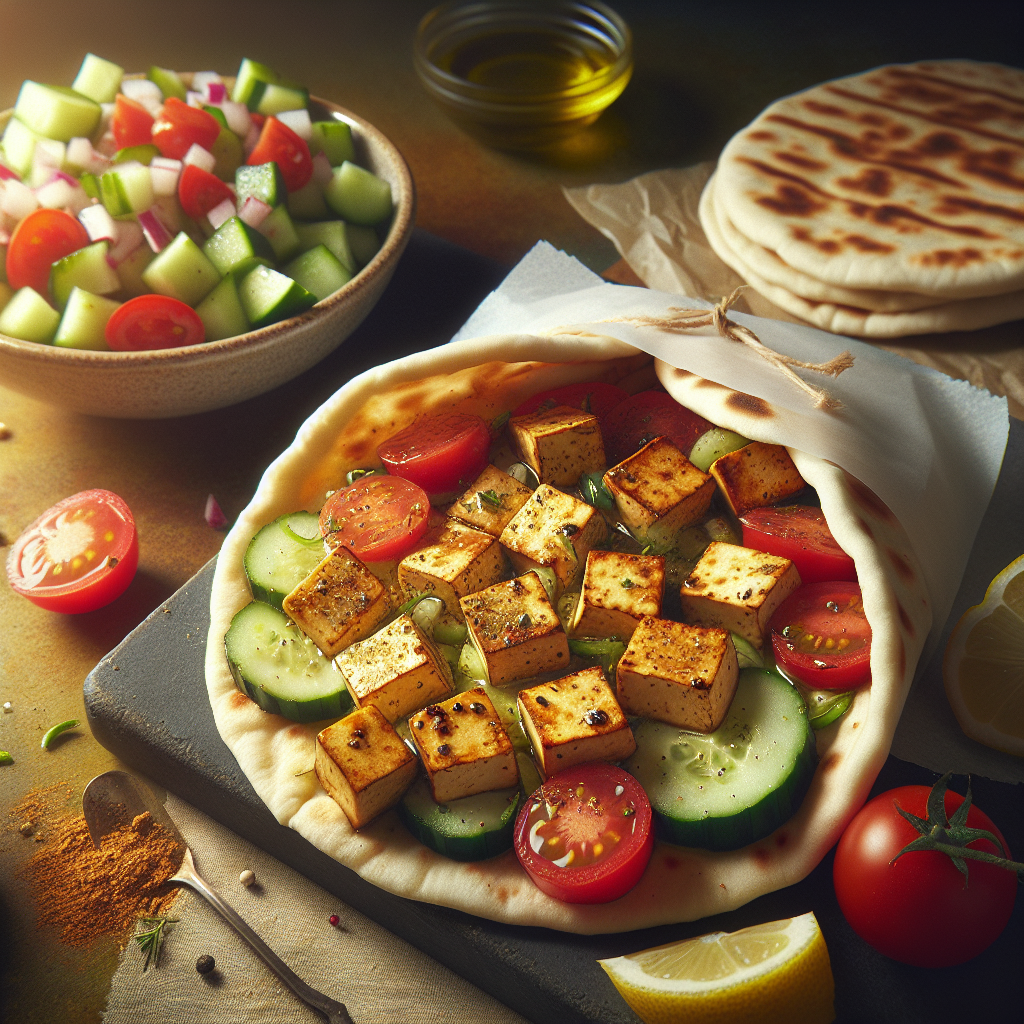 Tofu Shawarma Pitas with Lemon-Tahini Sauce and Cucumber-Tomato Salad
