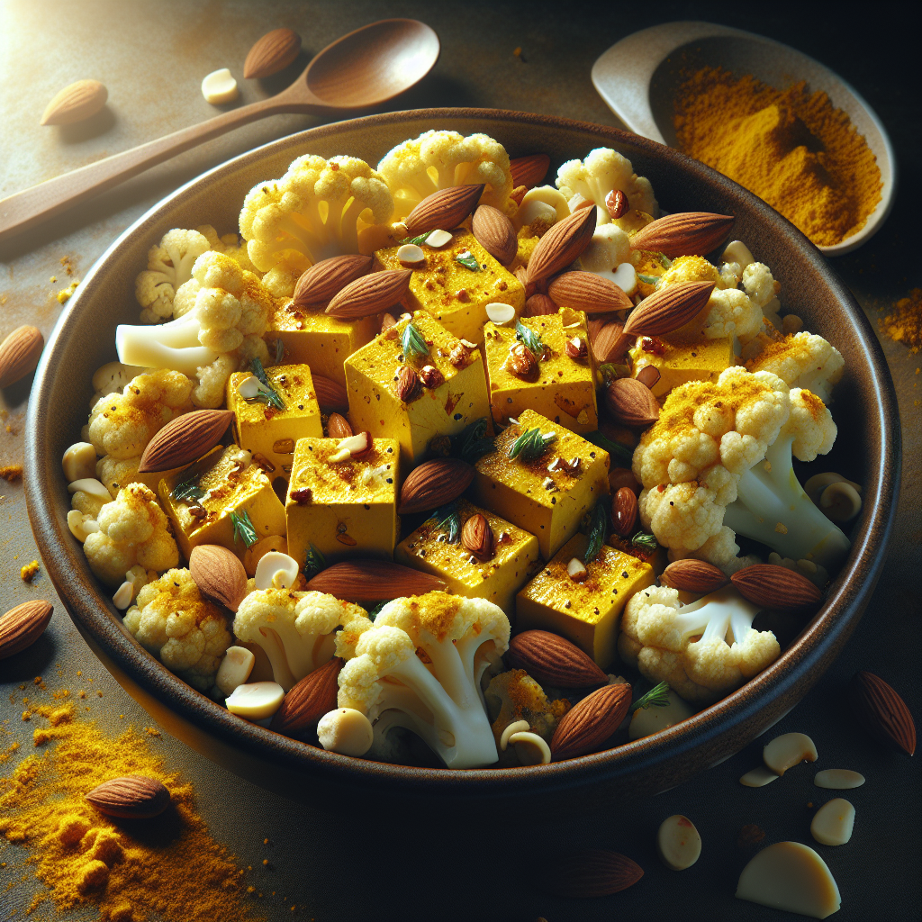 Turmeric-Ginger Tofu with Roasted Cauliflower and Toasted Almonds