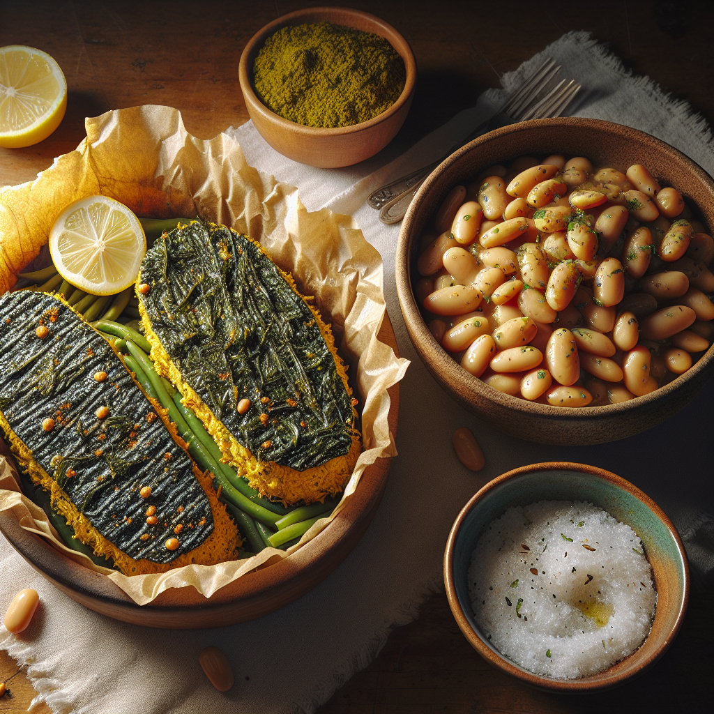 Vegan Jackfruit 'Fish' Fillets in Nori-Cornmeal Crust with Quick Lemon-Garlic Butter Beans