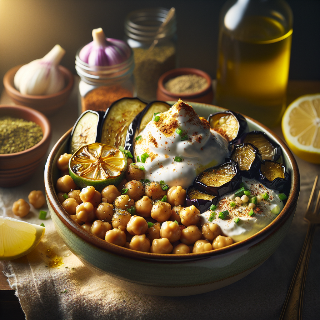 Za’atar Chickpea & Roasted Eggplant Bowls with Lemon-Tahini Yogurt